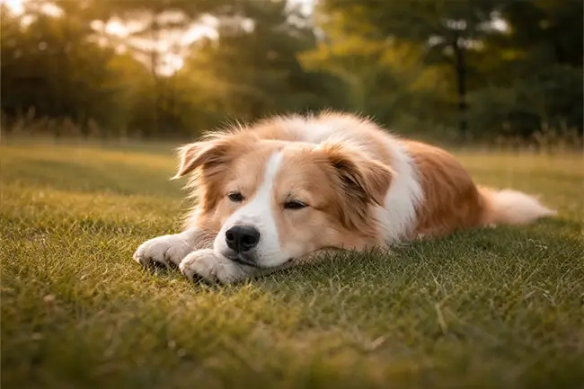 Ontspannen hond buiten in de natuur na CBD olie gebruik
