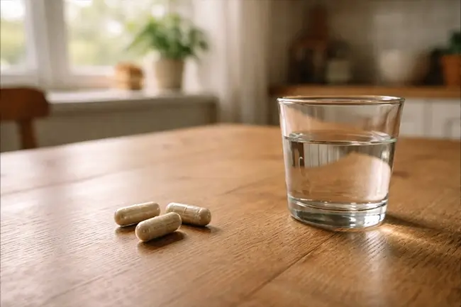 Lion's mane capsules supplement op een houten tafel naast een glas water
