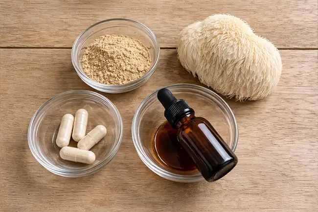 Lion's Mane kopen in drie vormen: capsules, poeder en tinctuur naast elkaar