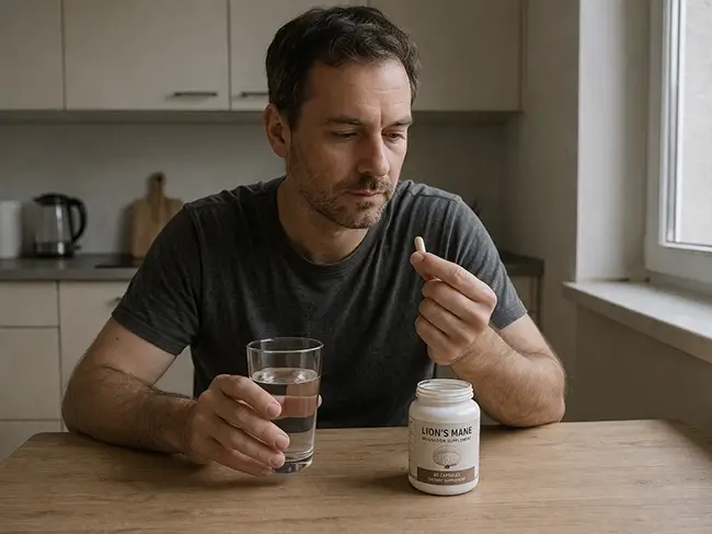 Persoon neemt Lion's Mane supplement in met een glas water op een houten ontbijttafel
