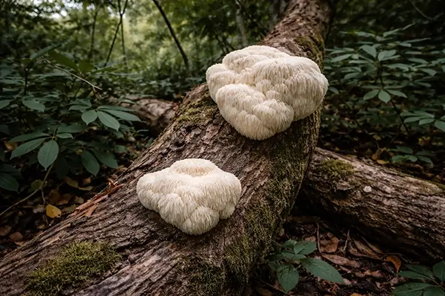 Lion's mane paddenstoel Hericium erinaceus in het wild op een boomstronk