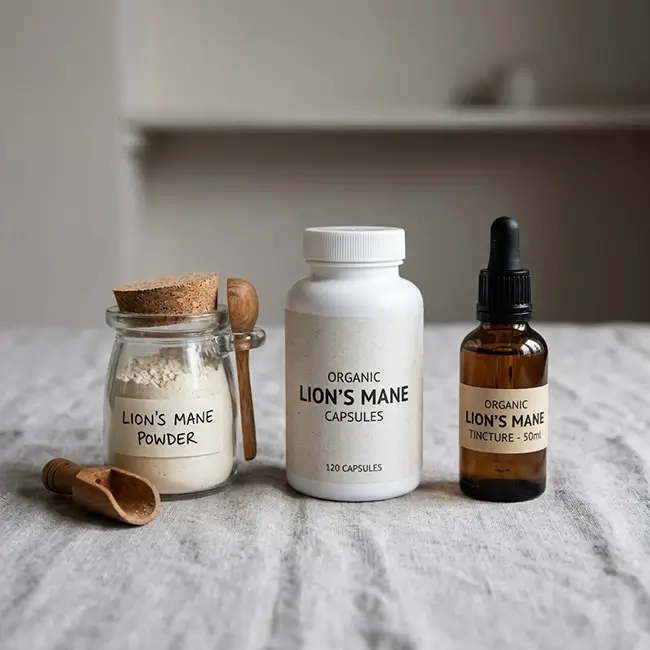 Verschillende vormen van lion's mane supplement: capsules, poeder en vloeibaar extract naast elkaar