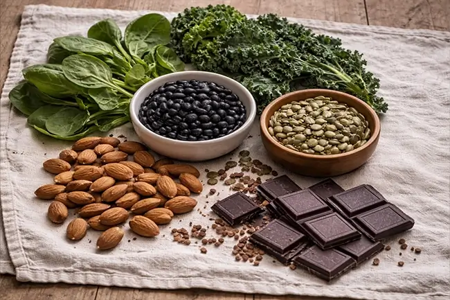 Voedingsmiddelen rijk aan magnesium zoals noten en groene groenten