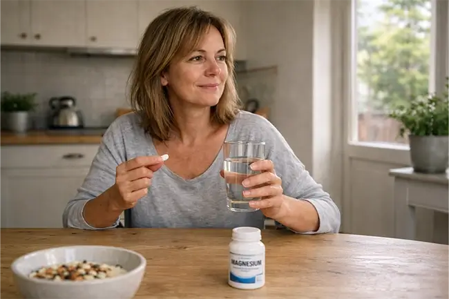 Vrouw in de overgang neemt een magnesium supplement bij het ontbijt