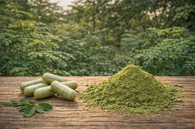 moringa capsules naast los moringa poeder, vergelijking vormen