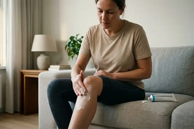 Vrouw brengt natuurlijke zalf aan op haar knie voor verlichting van gewrichtspijn