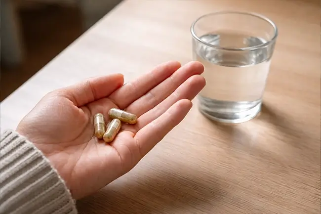 Hand met propolis capsules naast een glas water op een lichte houten tafel klaar voor dagelijks gebruik