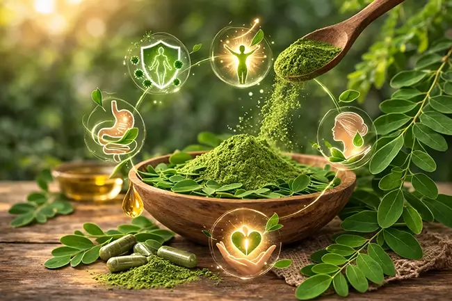 moringa poeder, groene moringa in een houten lepel