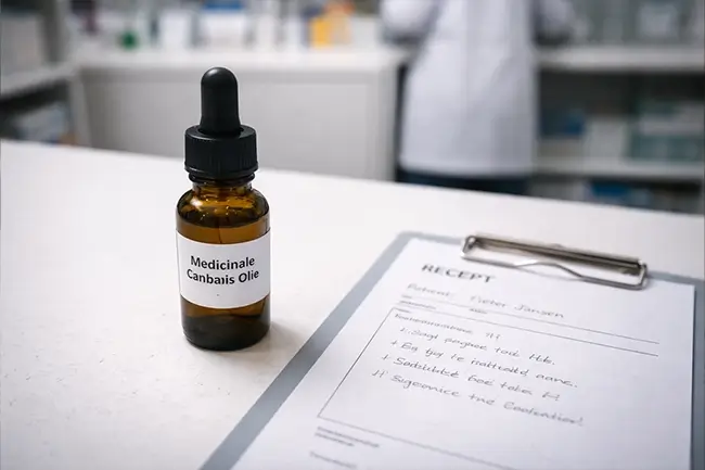 Apotheekbalie met medicinale cannabisdruppels en een recept