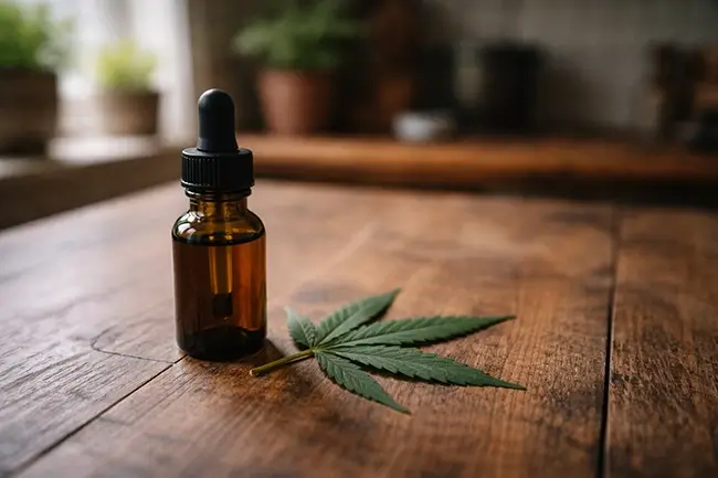 Flesje wiet olie naast een cannabisblad op een houten tafel