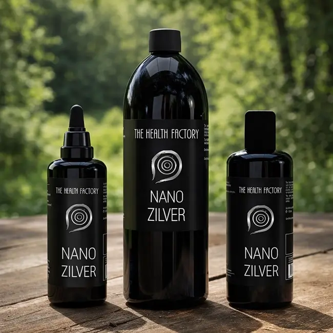 colloidaal-zilver in een glazen flesje op een houten ondergrond