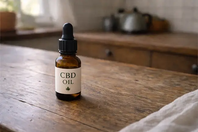 Flesje goede cbd olie op houten tafel met hennepblad en pipet