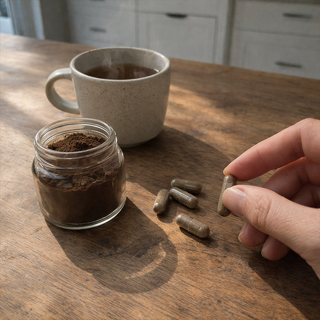 Reishi capsules en poeder op tafel