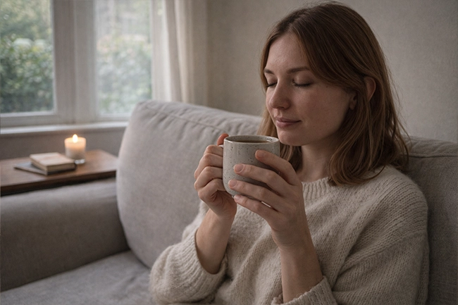 Vrouw drinkt reishi thee voor ontspanning