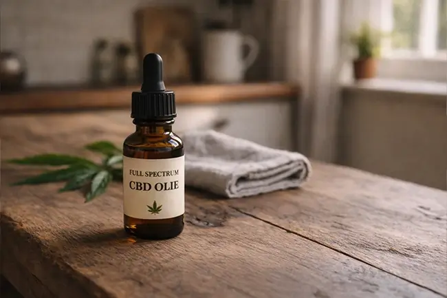 Flesje CBD olie op een rustieke houten tafel