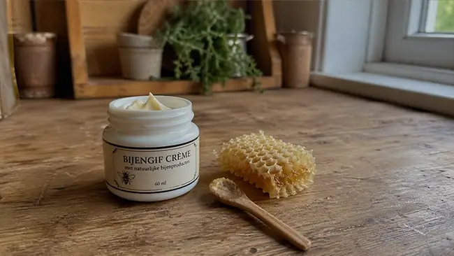Bijengif Crème in een pot op een houten tafel met bijenwas en honingraat