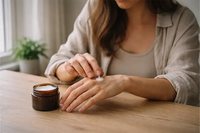 Vrouw brengt cbd creme aan op haar hand voor natuurlijke huidverzorging