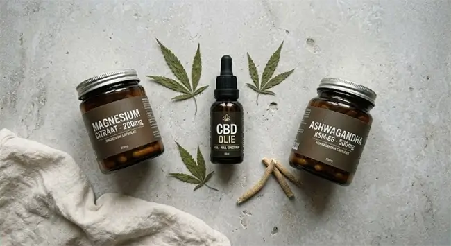 CBD olie 10 procent flesje naast magnesium en ashwagandha supplementen