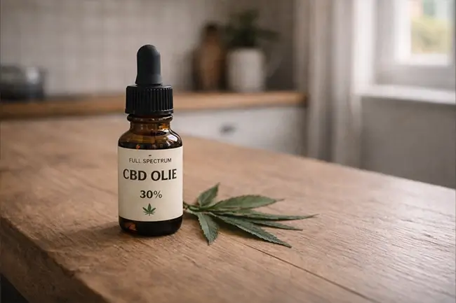 Flesje CBD olie 30 procent met druppelaar op houten tafel