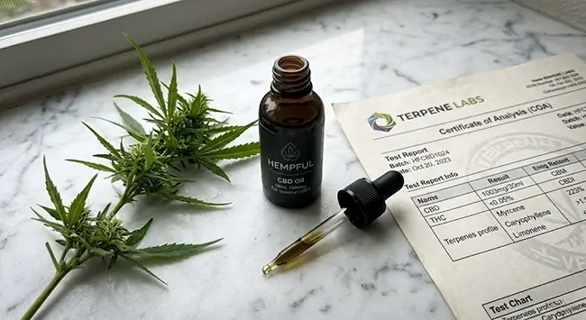CBD olie 30 procent flesje met hennepplant en laboratoriumtest op de achtergrond