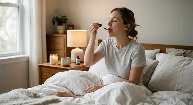 Vrouw neemt CBD olie 30 procent sublinguaal in onder de tong