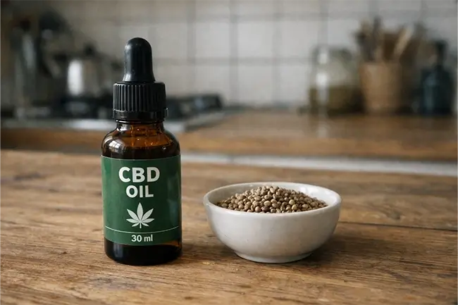 Bruin glazen flesje CBD olie 30 ml met pipet op een houten tafel