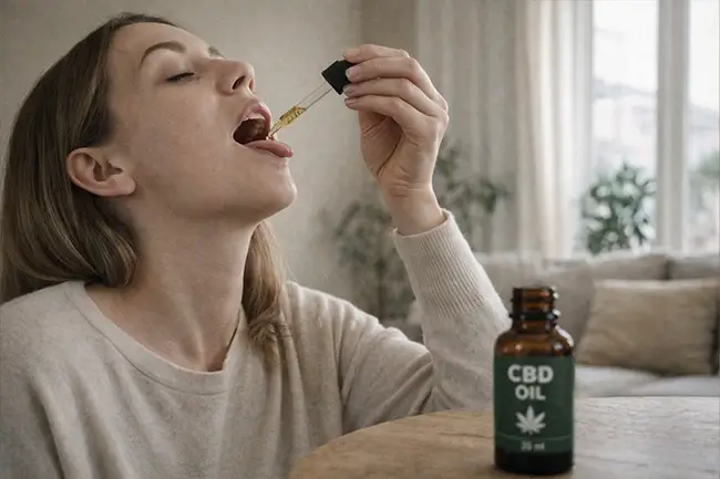 Vrouw die CBD olie onder haar tong druppelt met een pipet uit een flesje van 30 ml