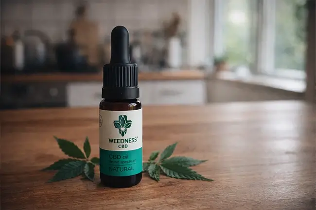 Flesje CBD olie 40 procent met druppelaar op houten tafel