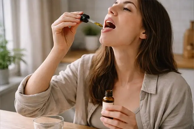 Vrouw druppelt CBD olie onder haar tong als onderdeel van haar dagelijkse routine