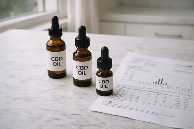 Verschillende flesjes CBD olie naast een laboratoriumrapport op een lichte achtergrond
