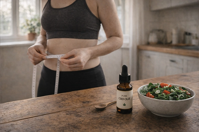 Vrouw meet haar taille naast pure cbd olie en gezonde maaltijd voor afvallen
