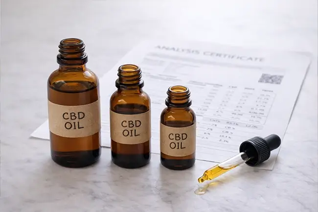 Assortiment CBD olie flesjes met laboratoriumtest op de achtergrond