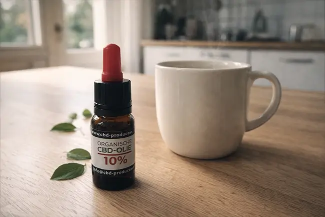 Flesje CBD olie met druppelaar op een houten tafel naast een kopje thee