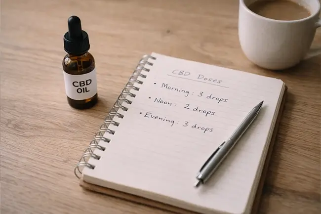 Flesje CBD olie naast een notitieboekje met doseerschema op een houten tafel