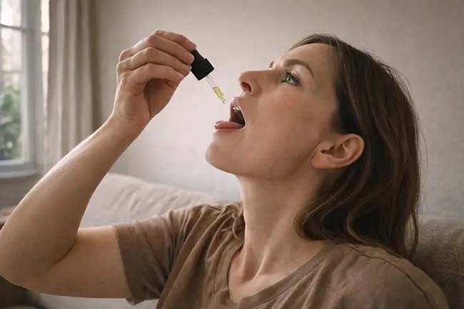 Vrouw druppelt CBD olie 10 procent onder de tong voor optimale opname