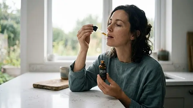 Vrouw die CBD olie druppels inneemt als alternatief voor THC