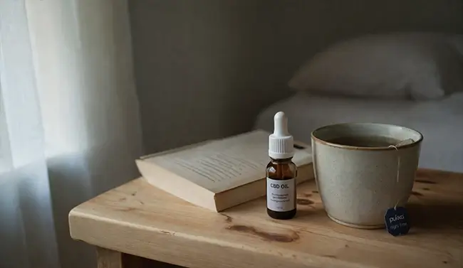 CBD olie flesje met druppelpipet naast een kopje kruidenthee op een nachtkastje