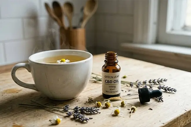 CBD olie druppelflesje naast een kopje thee voor dagelijks gebruik bij fibromyalgie