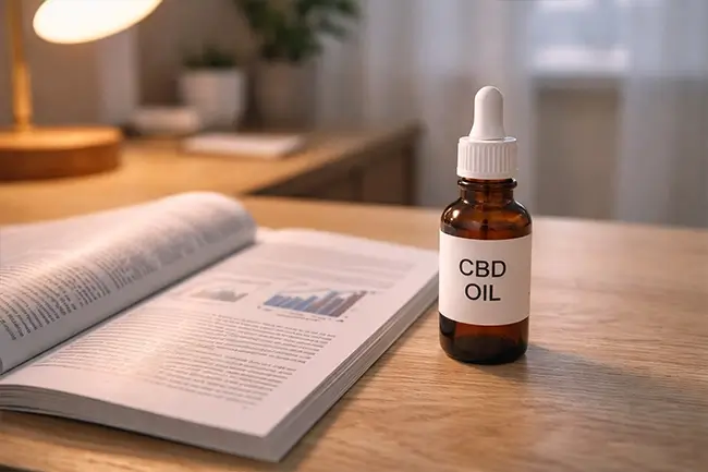 cbd olie druppelflesje naast wetenschappelijk boek over cannabinoïden en kanker