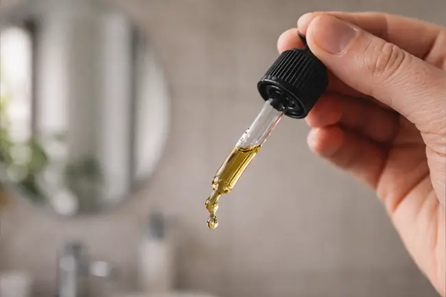 Close-up van cannabidiol druppels die onder de tong worden gedruppeld voor sublinguale opname