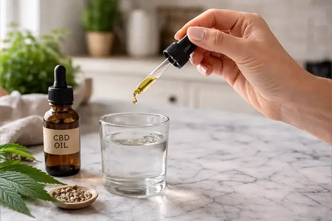 Hand met pipet die CBD olie met THC druppelt in een glas water