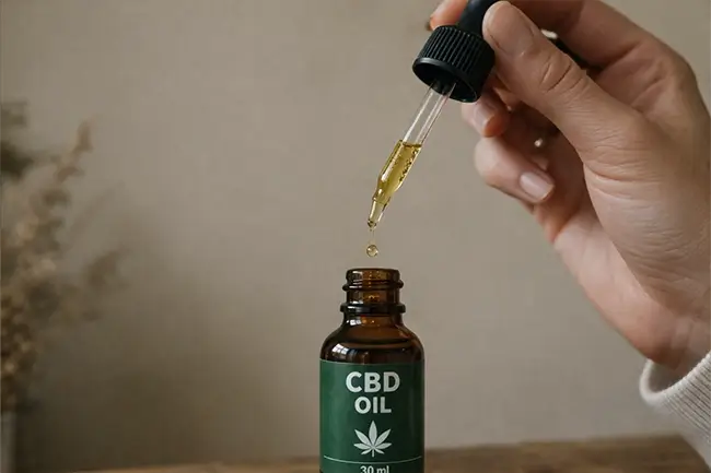 Pipet met CBD olie druppels boven een bruin glazen flesje van 30 ml