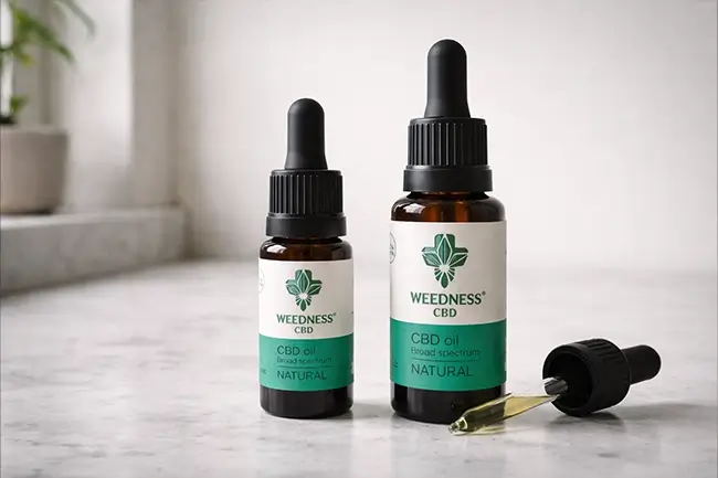 Twee flesjes CBD olie naast elkaar met druppelaar op lichte achtergrond