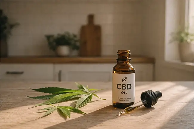 CBD olie gebruiksaanwijzing met pipet en druppelflesje op houten tafel
