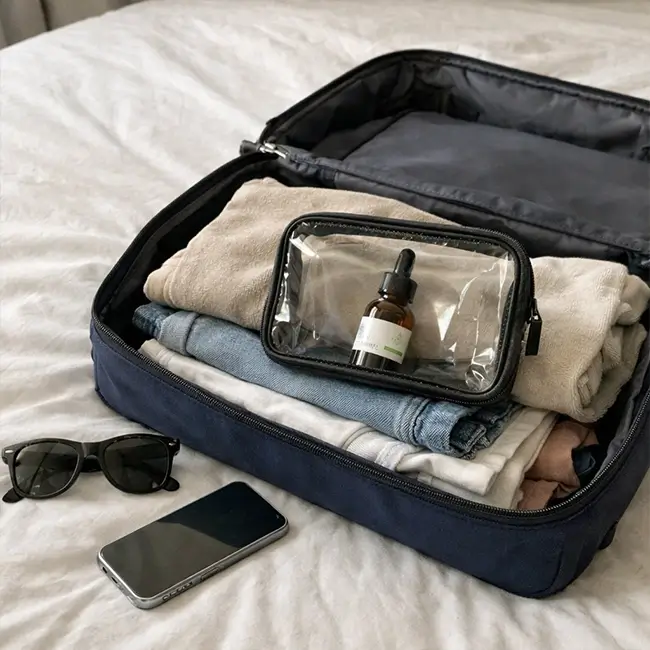 Reiskoffer met CBD olie flesje en toilettas op een bed