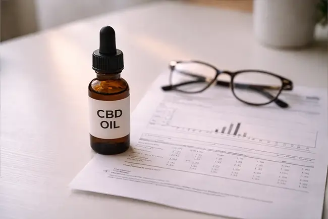 Cannabidiol flesje naast een laboratoriumrapport op een bureau