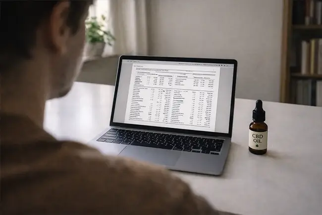 Persoon bekijkt labrapport op laptop met cbd-flesje ernaast