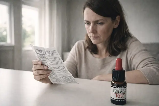 Vrouw leest de bijsluiter van medicijnen naast een flesje CBD olie