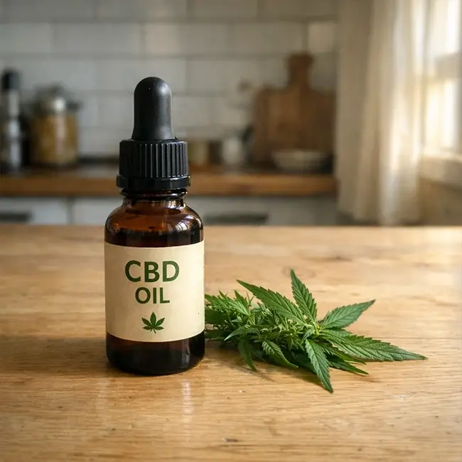 Flesje CBD olie Medihemp op houten tafel met hennepplant