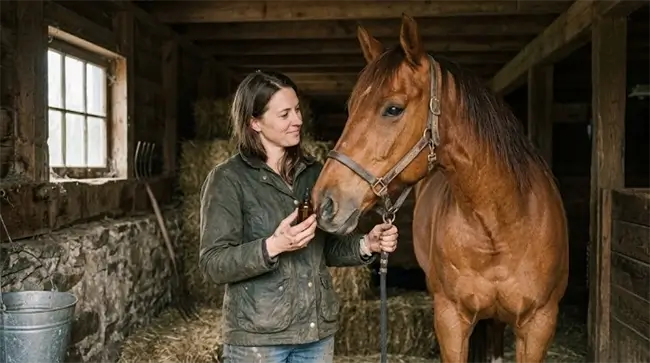 CBD olie paard wordt toegediend met een pipet in de stal